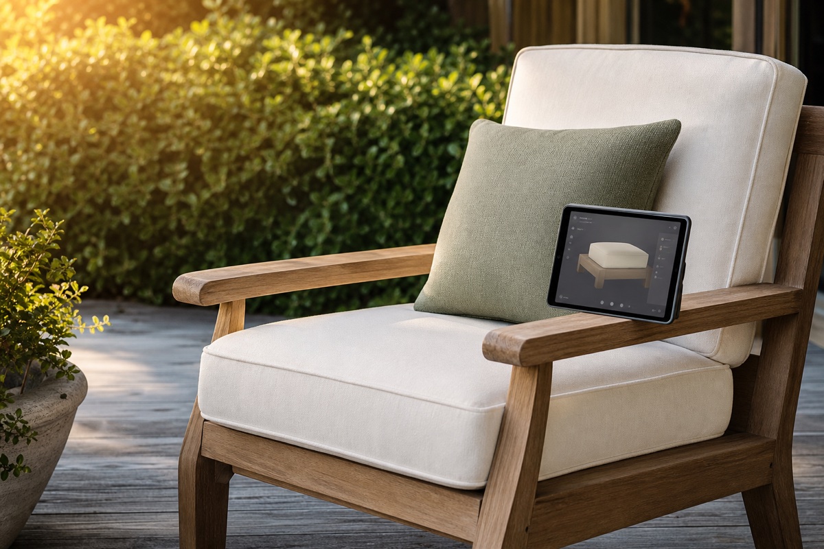 Custom outdoor chair cushions on teak furniture